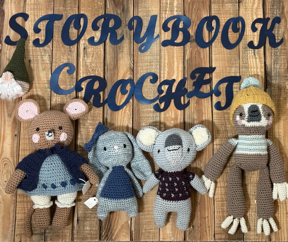 The Storybook Crochet sign with a mouse, bunny, koala and sloth